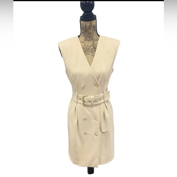 Calvin Klein Ivory Belted Sleeveless Trench Dress Minimalist Office Chic Size 4 - Picture 7 of 11